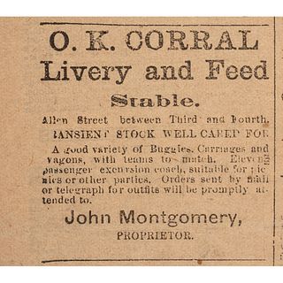 O.K. Corral Advertisement Featured in the Daily Tombstone, 1886