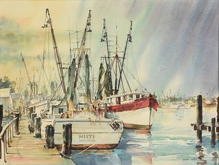 NORMAN E. BAXTER (American 20th Century) A WATERCOLOR, "Shrimp Boats, Freeport Texas,"