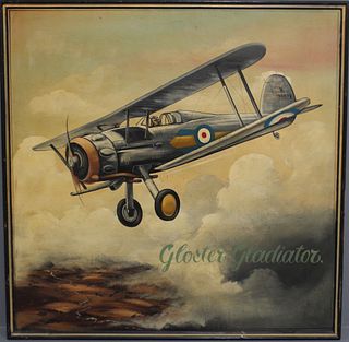 WWI British Fighter Biplane Oil Painting
