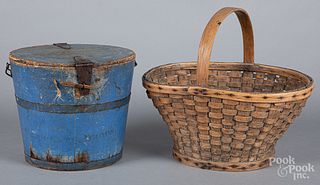 Blue painted bucket, together with a basket