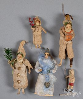 Four spun cotton Santa Christmas ornaments