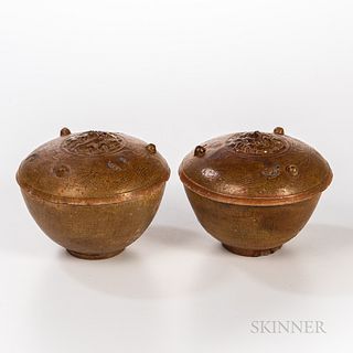 Pair of Straw-glazed Brown Covered Vessels