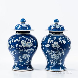 Pair of Blue and White Hawthorn Jars and Covers