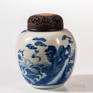Blue and White Ginger Jar with Carved Wood Cover