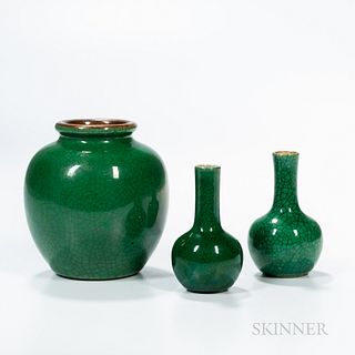 Three Small Green Crackle-glazed Vases