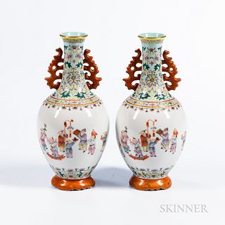 Pair of Famille Rose Enameled Bottle Vases