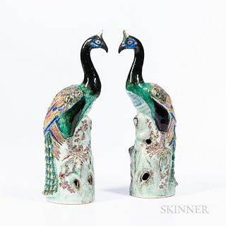 Pair of Enameled Porcelain Peacocks