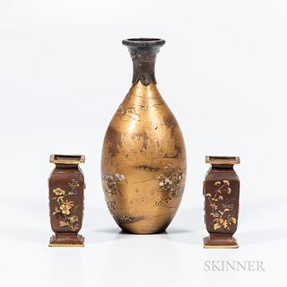 Pair of Miniature Mixed-metal-inlaid Bronze Vases and a Lacquered Maki-e   Vase
