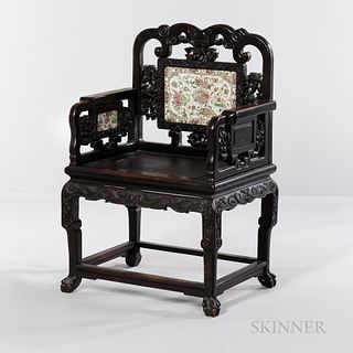 Carved Hardwood Armchair with Porcelain Plaques