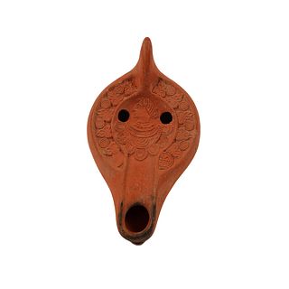 Ancient Roman North African Redware Oil Lamp with a Bust of a Man C. 2nd-4th Century AD