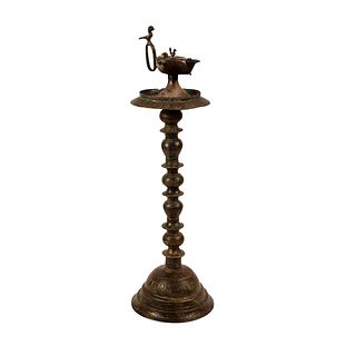 Ancient Islamic Seljuk Bronze Oil Lamp with Stand, Circa: 10th Century AD. 
