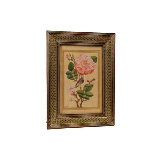 Persian Miniature With Bird and Flowers in Mosaic Inlaid Wooden Frame. 
