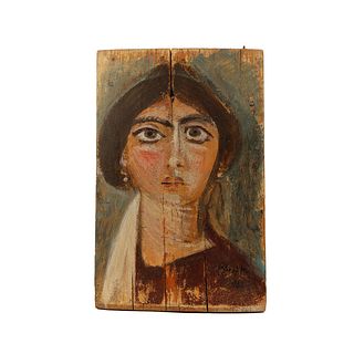ROMANO-EGYPTIAN STYLE PAINTED WOODEN FAYUM PORTRAIT OF A WOMAN. 
