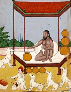 India, A Sadhu, Gauache on paper, the bearded figure on a canopied