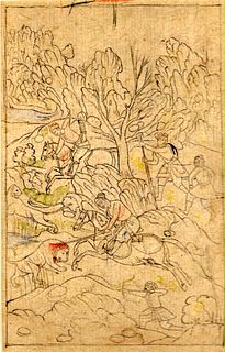 Mughal India sketch on gouache of a Mughal king hunting a lion sword and bow, 