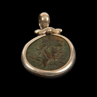 Ancient Greek Bronze Coin Set in Silver Pendant.