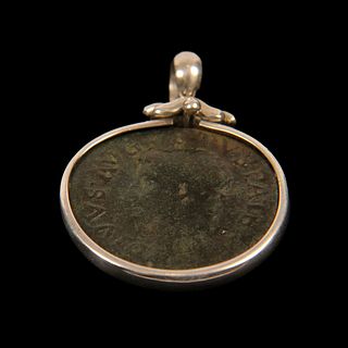 Ancient Roman Bronze Coin Augustus Set in Silver Pendant. 