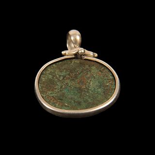 Ancient Roman Bronze Coin Hadrian Set in Silver Pendant. 