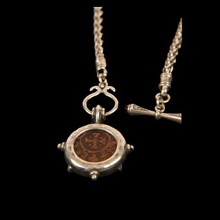 Ancient Armenia Bronze Coin Set in Silver necklace with garnet stone.  