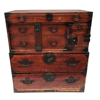 19th C Japanese Two-Part Tansu Wood Chest of drawers. 