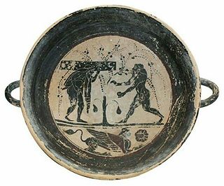 Large Greek Attic Style Pottery Kylix with figures. 