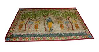 Indian painting of textile ( pichwai ) Lord Krishna playing the flue 