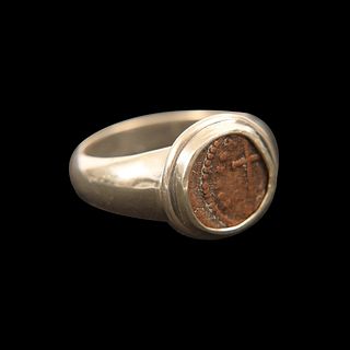 Ancient Byzantine Bronze Coin Set in Silver Ring. 