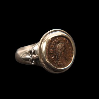 Ancient Roman Bronze Coin Set in Silver Ring. 
