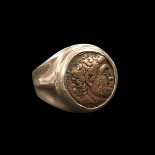 Ancient Greek Bronze Coin Set in Silver Ring.