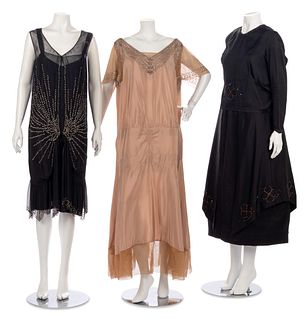 Three Beaded, Rhinestone and Silk Thread Embellished Dresses, 1910-20s