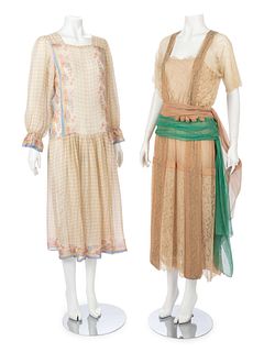 Three Dresses; One Printed Flower Dress, One White Dress, One Green Beaded  Dress, 1920s* 