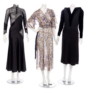 Three Dresses, Two Black, One Floral Print, 1930s-50s
