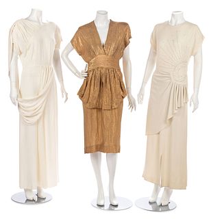 Three Dresses; One Draped White Dress, One Gold Lame Dress, One White Beaded and Sequined Dress, 1940s 