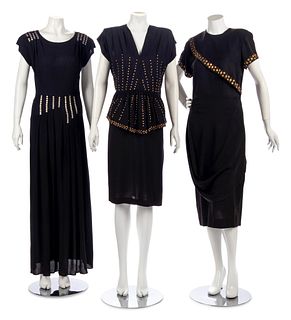 Three Black Dresses with Metal Embellishments, 1940s