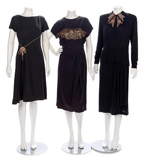 Three Embellished Black Dresses, 1940-50s 