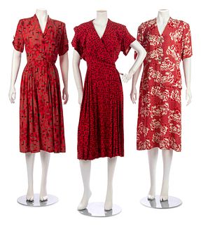 Three Red and Print Dresses, 1940s