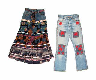 Two Denim Bottoms; One Pair of Patched Wrangler Jeans, One Levis Skirt, 1960s-1970s