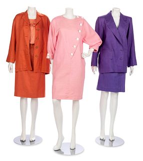 Three Vintage Designer Linen Suits & Dress, 1980-90s: Two Yves Saint Laurent, One Oscar de la Renta