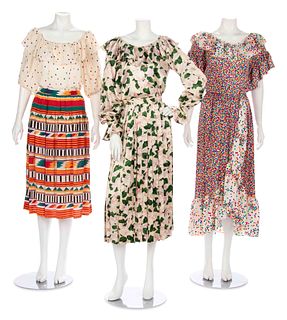 Three Vintage Silk Designer Summer Dresses; Two Yves Saint Laurent, One Oscar de la Renta, 1980s: 