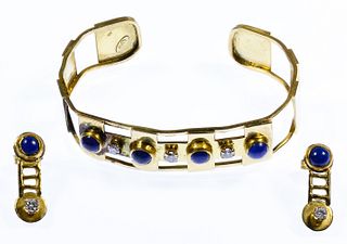 18k Gold, Lapis Lazuli and Diamond Cuff Bracelet and Earrings