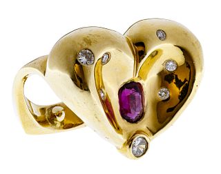 Ron Ray 18k Gold, Ruby and Diamond Heart Ring
