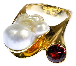 Ron Ray 18k Gold, Pearl and Amethyst Ring