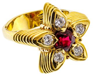 Ron Ray 18k Gold, Ruby and Diamond Star Ring