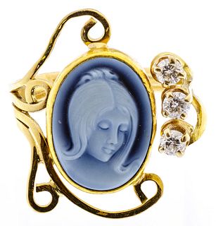 18k Gold, Cameo and Diamond Ring
