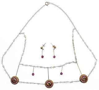 14k Gold and Micro-Mosaic Necklace with Earrings