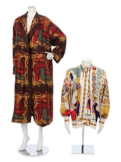 Two Hermes Printed Silk Pieces; One Robe, One Dress Shirt, 1990-2000s 