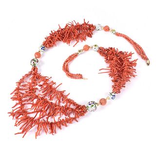 Red Coral, Cloisonne and 14K Necklace