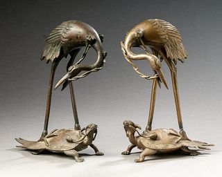 Two Oriental Bronze Figures of Storks on Turtles.