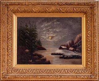 Early Painting of a Moonlit Cabin.