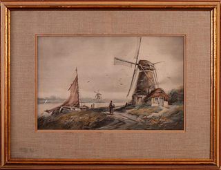 Dutch Watercolor With Windmills.